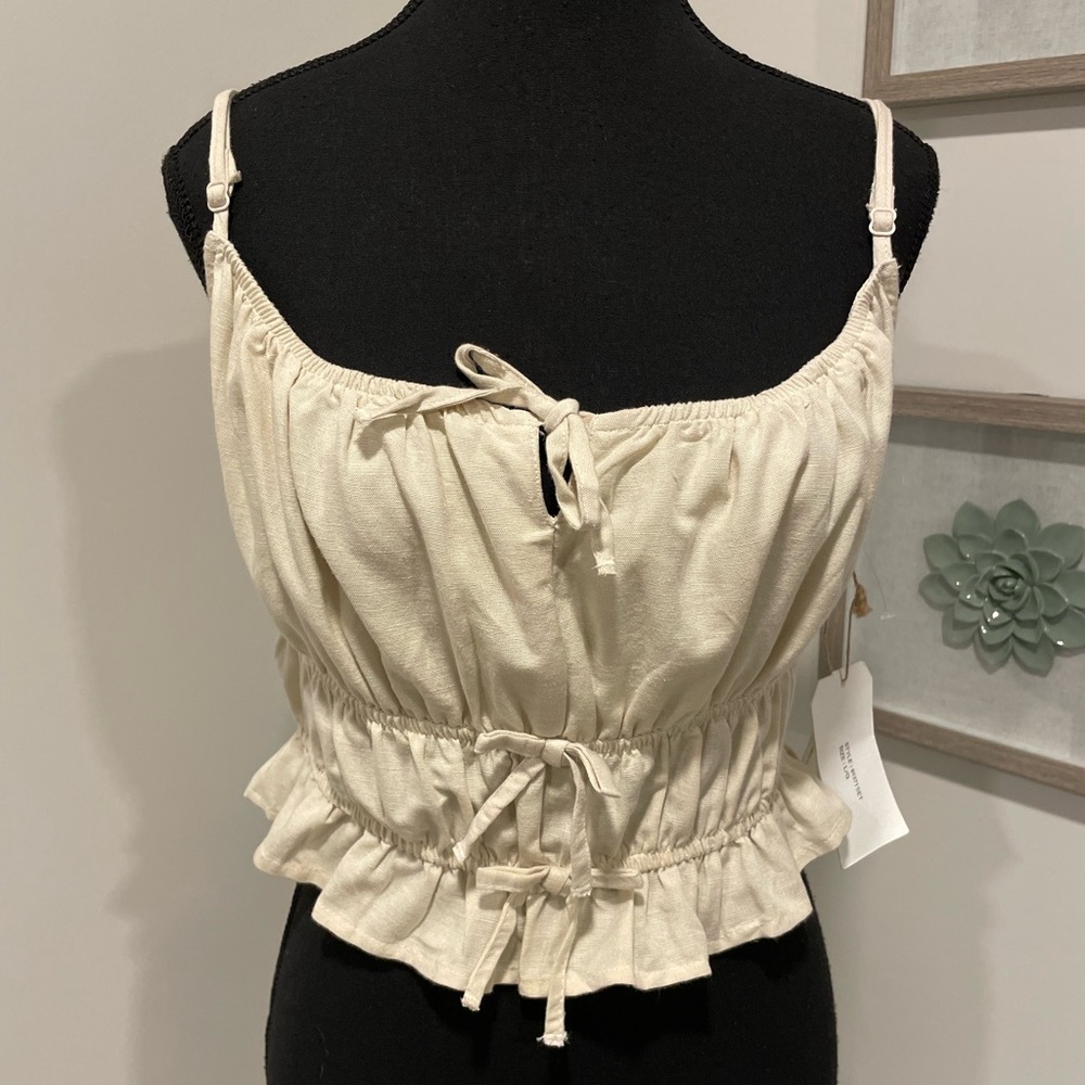 Midnight Sky Cream Linen Blend Ruched Tiered Cami Top With Ties NWT!